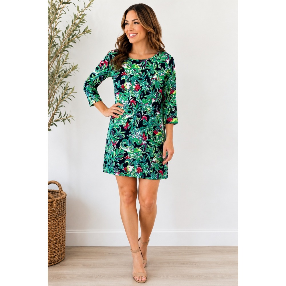 Lilly Pulitzer Trunk Show Pima Cotton Dress Small Elephant Print Navy 3/4 Sleeve